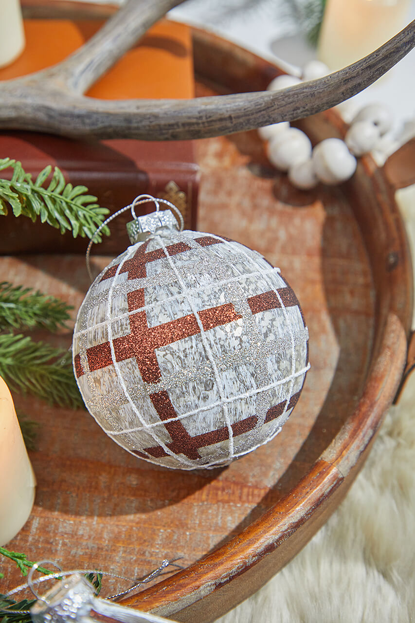 4"-5" Glass Forest Plaid Ball/Finial Ornament