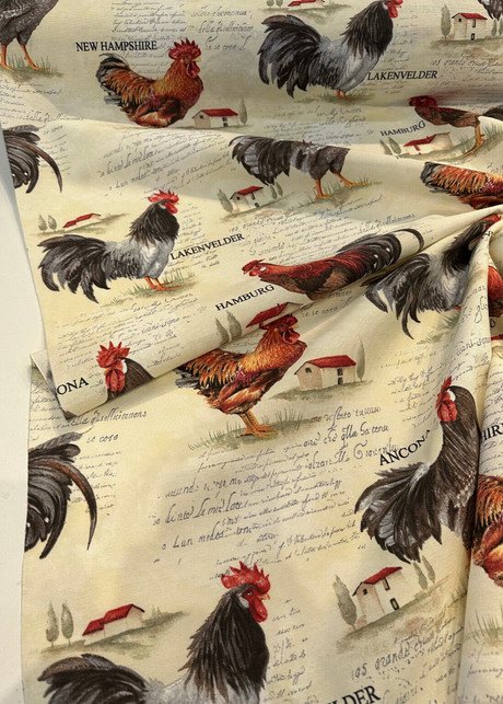 Rooster Chicken Farm Cotton Blend Fabric - Country Toile, Sage Tan Cream Red, 55" Width (1 Yard)