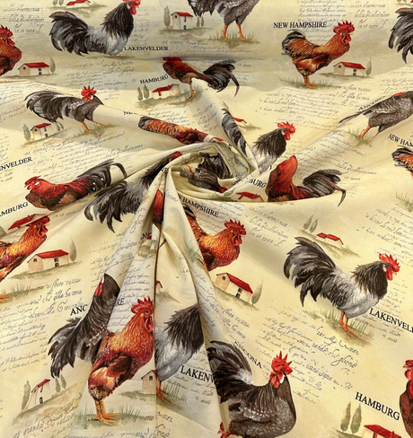 Rooster Chicken Farm Cotton Blend Fabric - Country Toile, Sage Tan Cream Red, 55" Width (1 Yard)