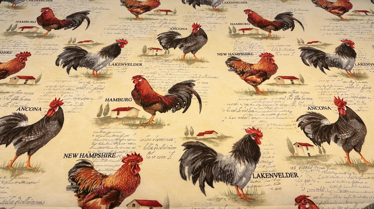 Rooster Chicken Farm Cotton Blend Fabric - Country Toile, Sage Tan Cream Red, 55" Width (1 Yard)