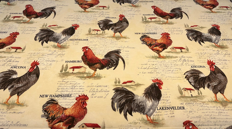 Rooster Chicken Farm Cotton Blend Fabric - Country Toile, Sage Tan Cream Red, 55" Width (1 Yard)