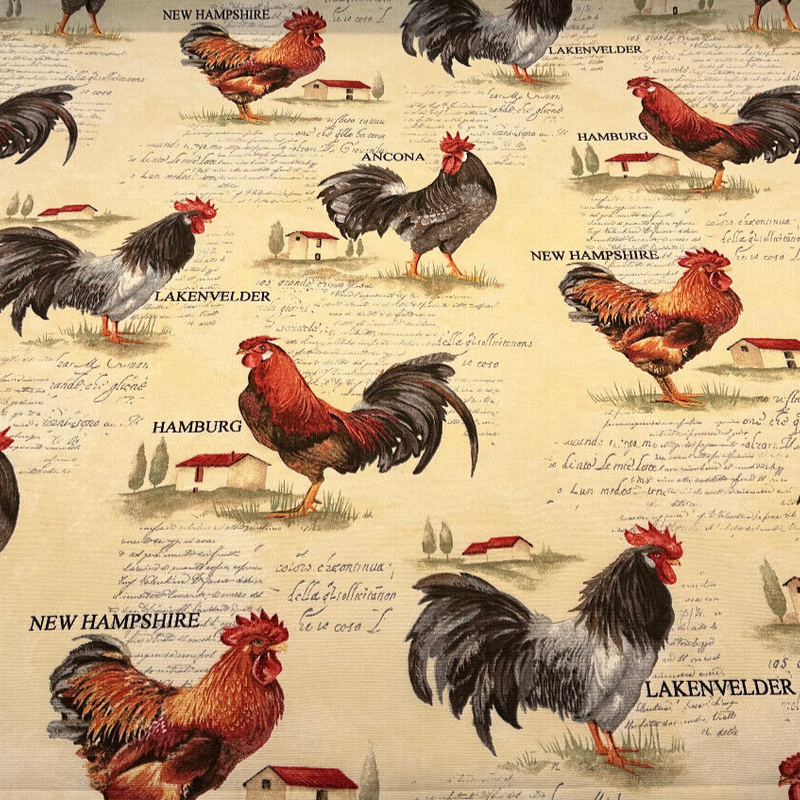 Rooster Chicken Farm Cotton Blend Fabric - Country Toile, Sage Tan Cream Red, 55" Width (1 Yard)