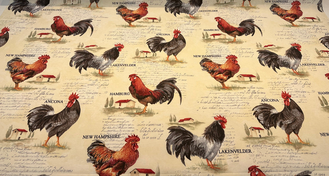Rooster Chicken Farm Cotton Blend Fabric - Country Toile, Sage Tan Cream Red, 55" Width (1 Yard)