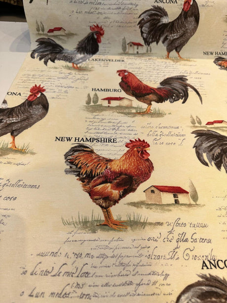 Rooster Chicken Farm Cotton Blend Fabric - Country Toile, Sage Tan Cream Red, 55" Width (1 Yard)