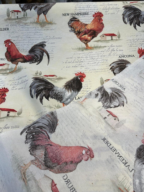 Rooster Chicken Farm Cotton Blend Fabric - Country Toile, Sage Tan Cream Red, 55" Width (1 Yard)