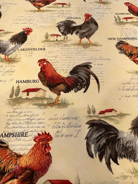 Rooster Chicken Farm Cotton Blend Fabric - Country Toile, Sage Tan Cream Red, 55" Width (1 Yard)