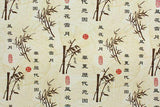 Ancient Chinese Bamboo Writing Cotton Polyester Fabric - Chinese Writing, Brown Black Red On White And Beige Leaves Background, 54" Width (1 Yard)