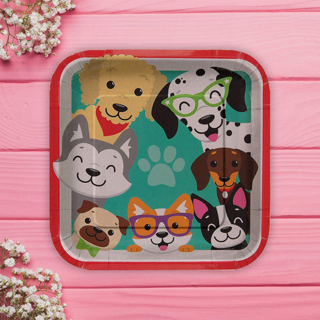8 Count Dog Party Paw Print Square Paper Plates Disposable Birthday Celebrations 9"
