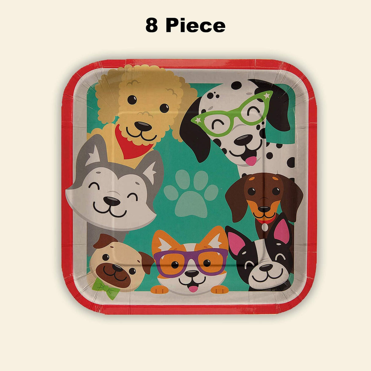8 Count Dog Party Paw Print Square Paper Plates Disposable Birthday Celebrations 9"