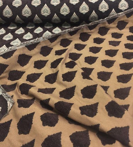 Emblem Chenille Chenille Fabric - Brown Beige Light Blue, 57" Width, 3.75" Vertical Repeat, 3.5" Horizontal Repeat (1 Yard)