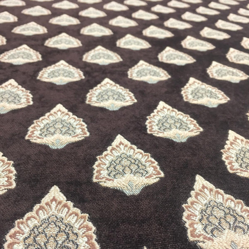 Emblem Chenille Chenille Fabric - Brown Beige Light Blue, 57" Width, 3.75" Vertical Repeat, 3.5" Horizontal Repeat (1 Yard)