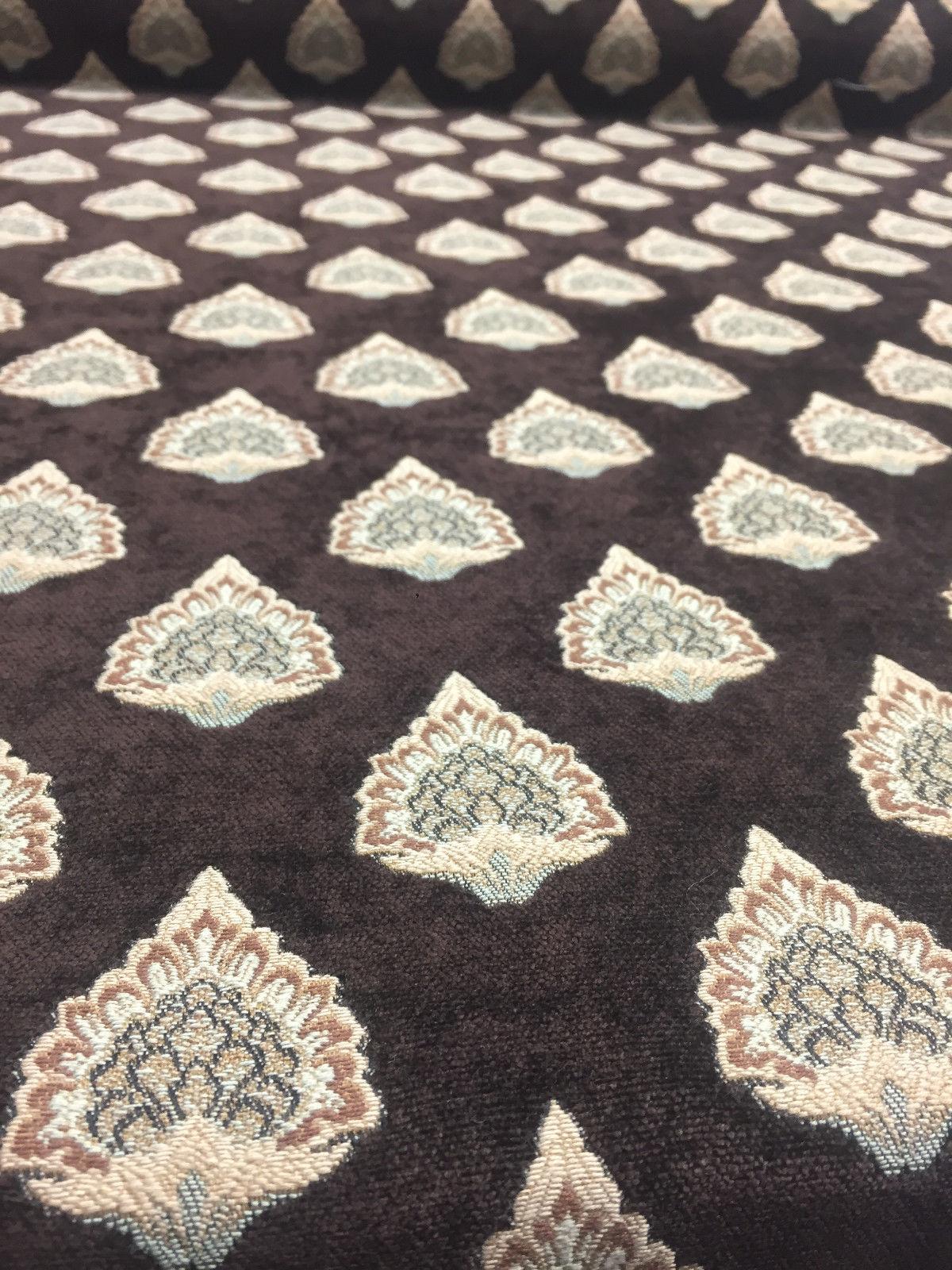 Emblem Chenille Chenille Fabric - Brown Beige Light Blue, 57" Width, 3.75" Vertical Repeat, 3.5" Horizontal Repeat (1 Yard)