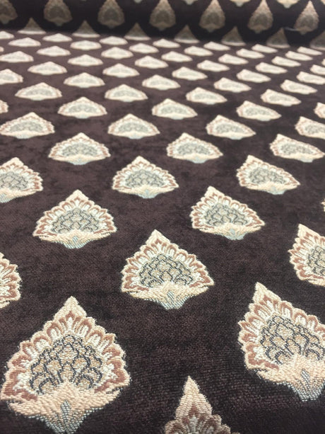 Emblem Chenille Chenille Fabric - Brown Beige Light Blue, 57" Width, 3.75" Vertical Repeat, 3.5" Horizontal Repeat (1 Yard)