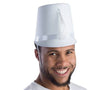Tall white marching band hat with satin band and tassel