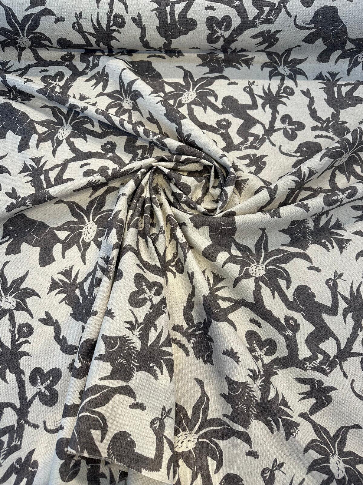 Novagratz Monkey Business Onyx Cotton Linen Blend Fabric - Multi Colored Jungle Creature Design, 54" Width, 12.25" Vertical Repeat, 27" Horizontal Repeat (1 Yard)