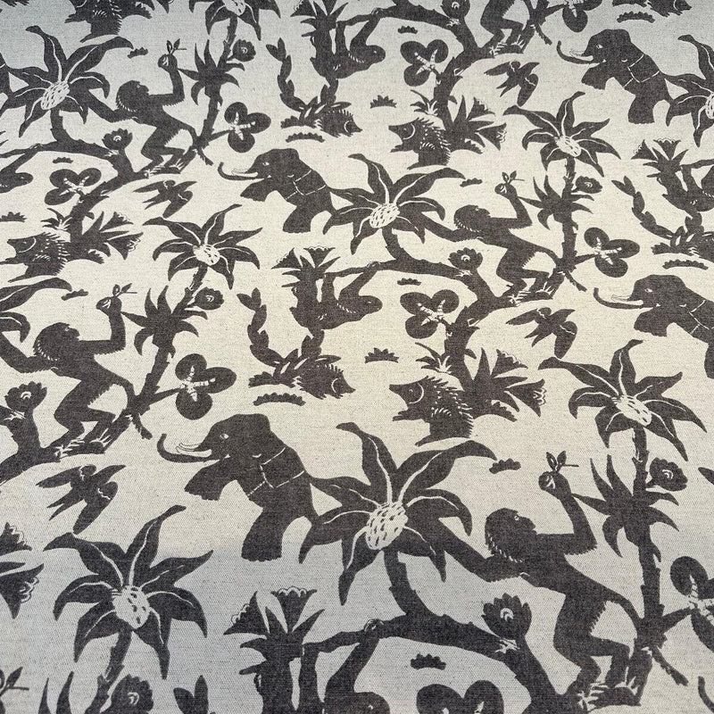 Novagratz Monkey Business Onyx Cotton Linen Blend Fabric - Multi Colored Jungle Creature Design, 54" Width, 12.25" Vertical Repeat, 27" Horizontal Repeat (1 Yard)