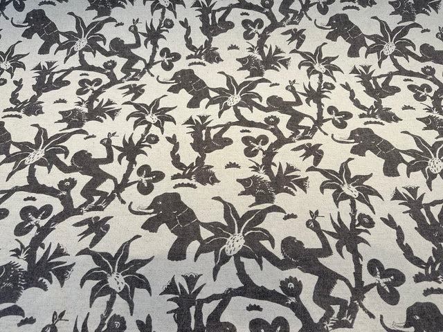 Novagratz Monkey Business Onyx Cotton Linen Blend Fabric - Multi Colored Jungle Creature Design, 54" Width, 12.25" Vertical Repeat, 27" Horizontal Repeat (1 Yard)