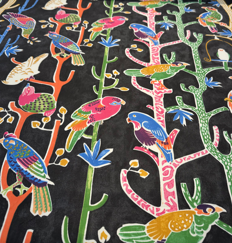 Bird House Parrots Chatter Cotton Fabric - Black Licorice, 54" Width, 27" Horizontal Repeat, 13.5" Vertical Repeat (1 Yard)