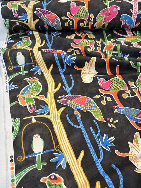 Bird House Parrots Chatter Cotton Fabric - Black Licorice, 54" Width, 27" Horizontal Repeat, 13.5" Vertical Repeat (1 Yard)