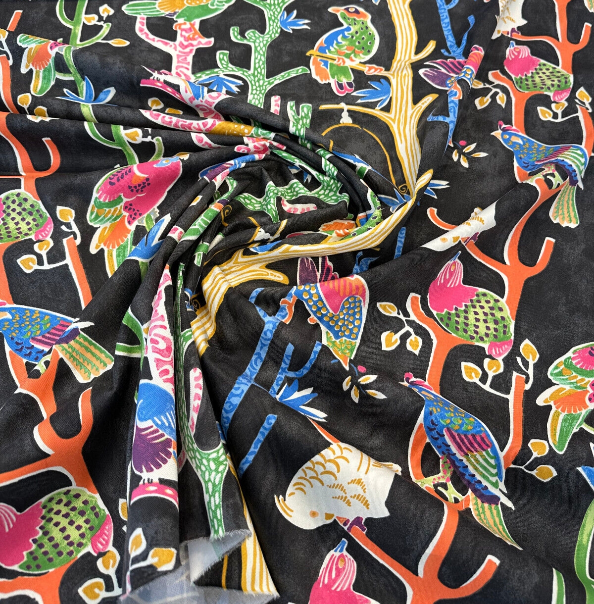Bird House Parrots Chatter Cotton Fabric - Black Licorice, 54" Width, 27" Horizontal Repeat, 13.5" Vertical Repeat (1 Yard)
