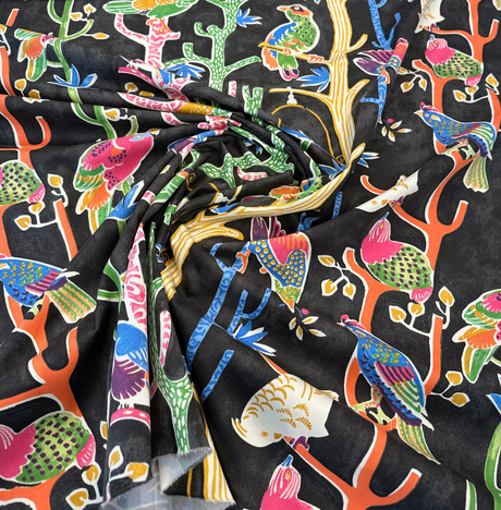 Bird House Parrots Chatter Cotton Fabric - Black Licorice, 54" Width, 27" Horizontal Repeat, 13.5" Vertical Repeat (1 Yard)