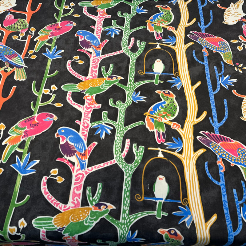 Bird House Parrots Chatter Cotton Fabric - Black Licorice, 54" Width, 27" Horizontal Repeat, 13.5" Vertical Repeat (1 Yard)