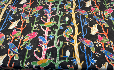 Bird House Parrots Chatter Cotton Fabric - Black Licorice, 54" Width, 27" Horizontal Repeat, 13.5" Vertical Repeat (1 Yard)
