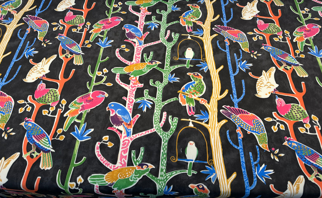 Bird House Parrots Chatter Cotton Fabric - Black Licorice, 54" Width, 27" Horizontal Repeat, 13.5" Vertical Repeat (1 Yard)