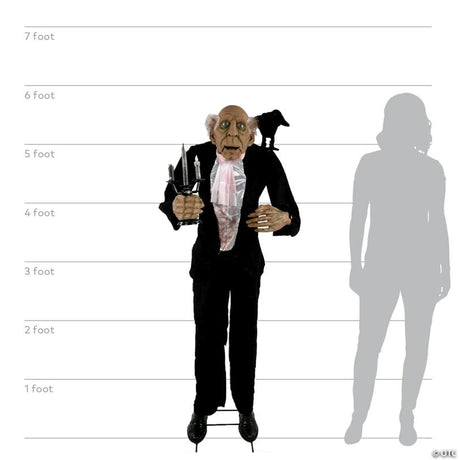 Animated Light-Up Butler Halloween Decor with Raven and Candelabra, with animated movement for a spooky Halloween effect