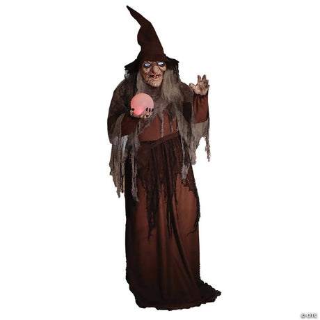 Animated Soothsayer Witch Halloween Prop with Color-Changing Crystal Ball, featuring a classic spooky Halloween witch