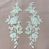 1 Pair 14" x 3" Beaded & Corded Floral 3D Lace Applique Embroidered on 100% Polyester Net Mesh