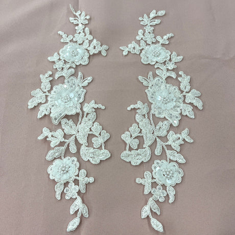 1 Pair 14" x 3" Beaded & Corded Floral 3D Lace Applique Embroidered on 100% Polyester Net Mesh