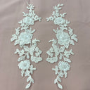 Beaded Corded Floral 3D Lace Applique Polyester Fabric - Gold, Silver, Ivory, White, 14" X 3" Wide Each Side (1 Pair)