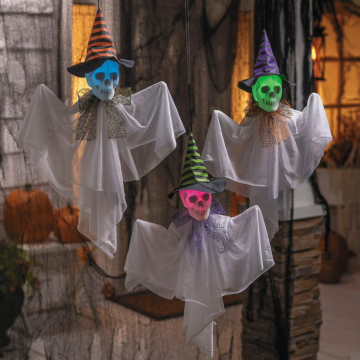 23 1/2 Inch Hanging Light Up Skeleton Face Ghosts Witch Hats Set of 3
