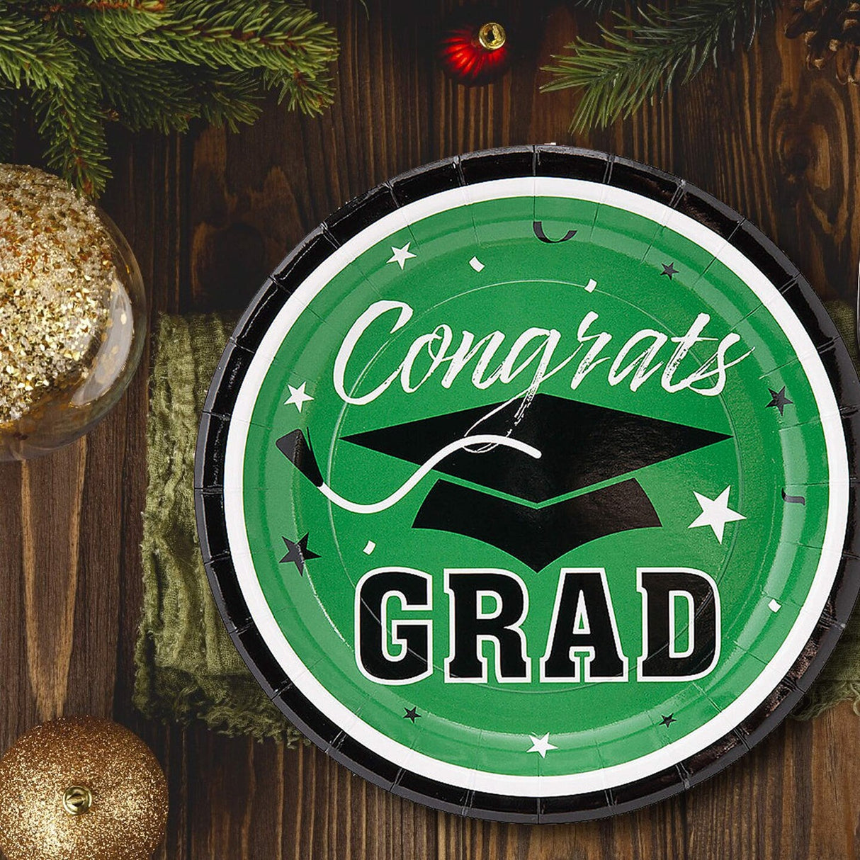 25 Count Green Congrats Grad Solid Color Paper Dessert Plates 7 1/4" Disposable Supplies