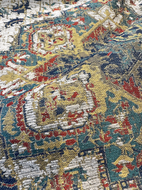 Mesa Verde Fiesta Damask Chenille Upholstery Fabric - Off White, Teal Blue, Yellow, Red Damask, 58" Width (1 Yard)