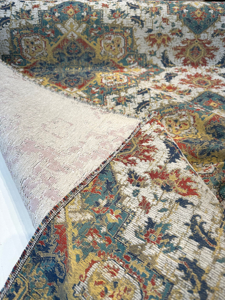 Mesa Verde Fiesta Damask Chenille Upholstery Fabric - Off White, Teal Blue, Yellow, Red Damask, 58" Width (1 Yard)