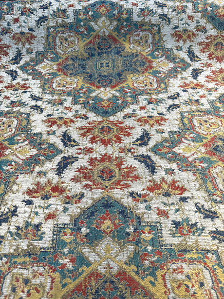 Mesa Verde Fiesta Damask Chenille Upholstery Fabric - Off White, Teal Blue, Yellow, Red Damask, 58" Width (1 Yard)