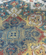 Mesa Verde Fiesta Damask Chenille Upholstery Fabric - Off White, Teal Blue, Yellow, Red Damask, 58" Width (1 Yard)