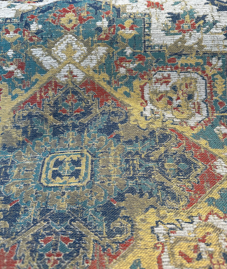 Mesa Verde Fiesta Damask Chenille Upholstery Fabric - Off White, Teal Blue, Yellow, Red Damask, 58" Width (1 Yard)