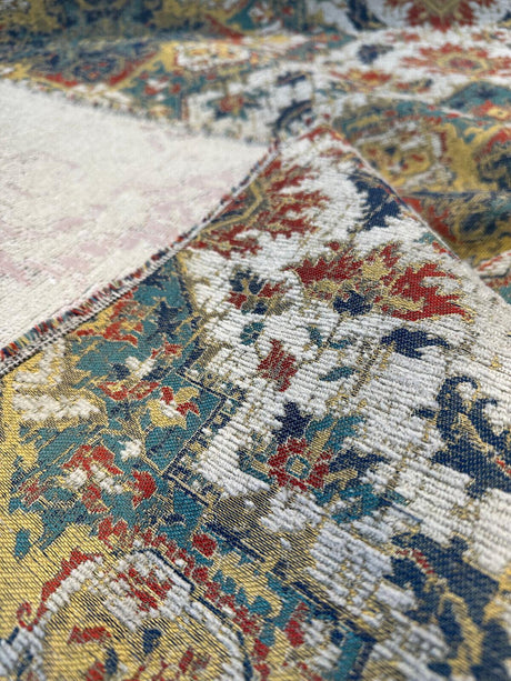 Mesa Verde Fiesta Damask Chenille Upholstery Fabric - Off White, Teal Blue, Yellow, Red Damask, 58" Width (1 Yard)