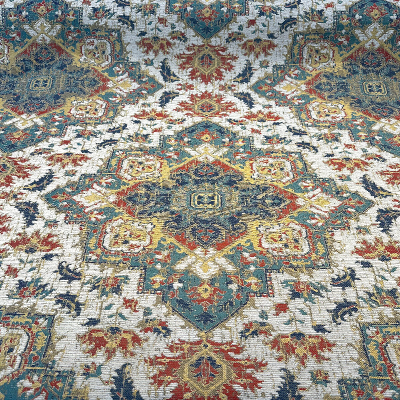 Mesa Verde Fiesta Damask Chenille Upholstery Fabric - Off White, Teal Blue, Yellow, Red Damask, 58" Width (1 Yard)