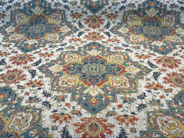 Mesa Verde Fiesta Damask Chenille Upholstery Fabric - Off White, Teal Blue, Yellow, Red Damask, 58" Width (1 Yard)