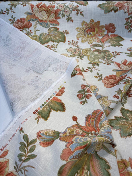 Dublique Opal Linen Rayon Fabric - Floral Jacobean Print, Opal Cream Pink Green Blue, 54" Width (1 Yard)
