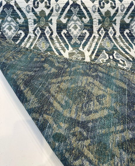 Esperanza Ever Green Blue Ikat Chenille Upholstery Fabric - Off White, Teal Blue, Yellow, Red, 58" Width (1 Yard)