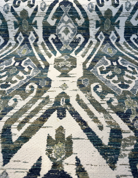 Esperanza Ever Green Blue Ikat Chenille Upholstery Fabric - Off White, Teal Blue, Yellow, Red, 58" Width (1 Yard)