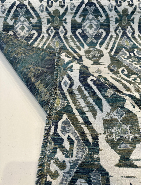 Esperanza Ever Green Blue Ikat Chenille Upholstery Fabric - Off White, Teal Blue, Yellow, Red, 58" Width (1 Yard)