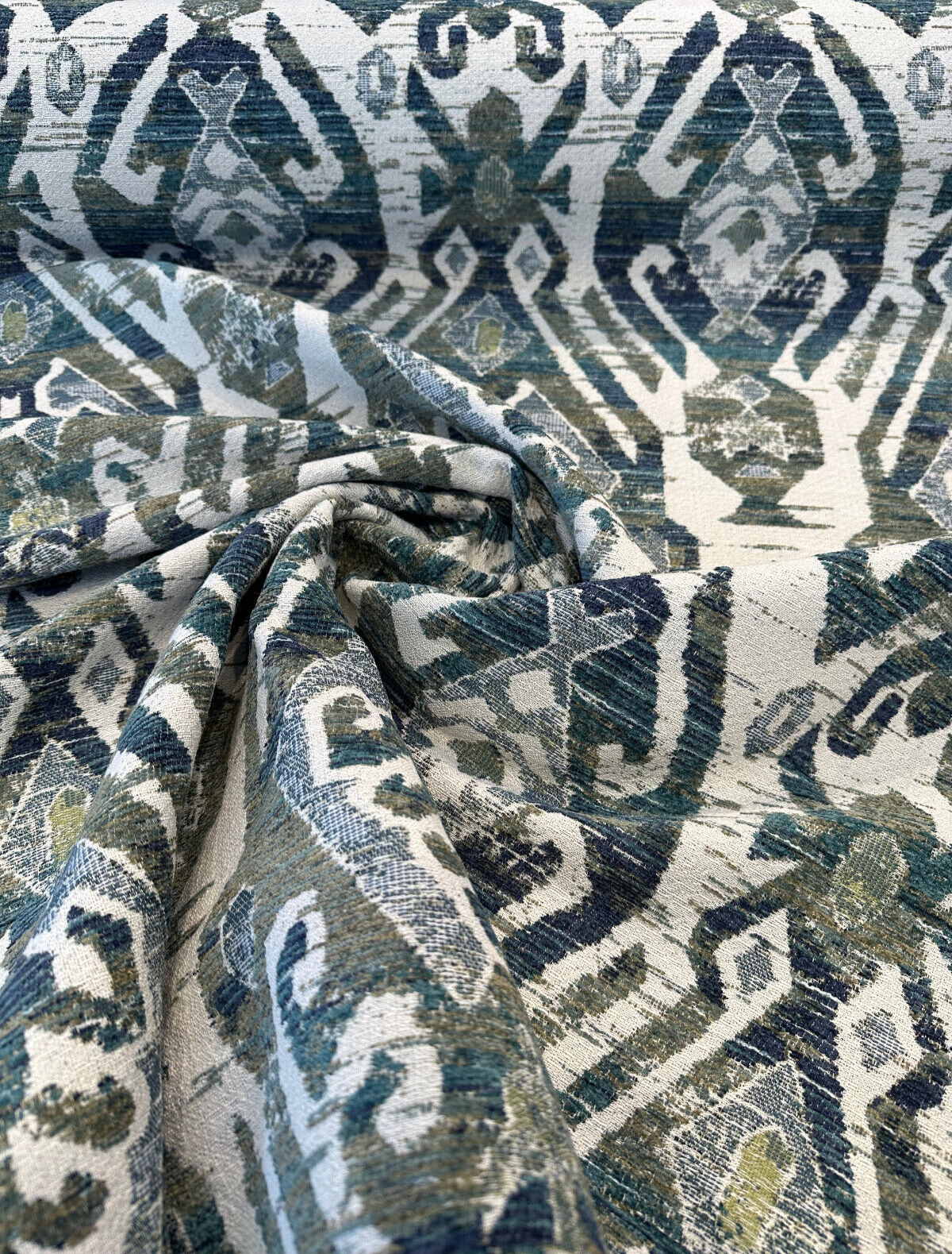 Esperanza Ever Green Blue Ikat Chenille Upholstery Fabric - Off White, Teal Blue, Yellow, Red, 58" Width (1 Yard)