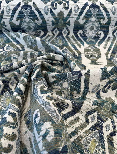 Esperanza Ever Green Blue Ikat Chenille Upholstery Fabric - Off White, Teal Blue, Yellow, Red, 58" Width (1 Yard)