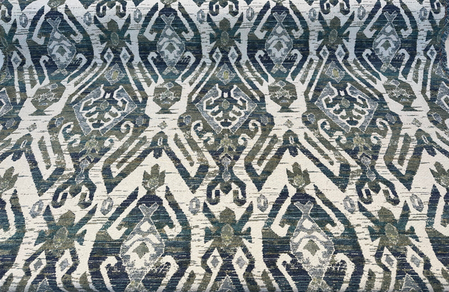 Esperanza Ever Green Blue Ikat Chenille Upholstery Fabric - Off White, Teal Blue, Yellow, Red, 58" Width (1 Yard)
